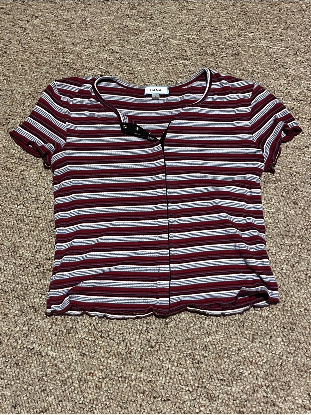 Burgundy Striped Cropped Short Sleeve Top